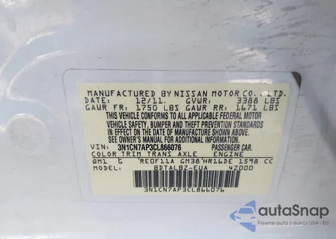 2012 Nissan Versa 1.6 Sv z USA, uszkodzony, nr VIN 3N1CN7AP3CL866076